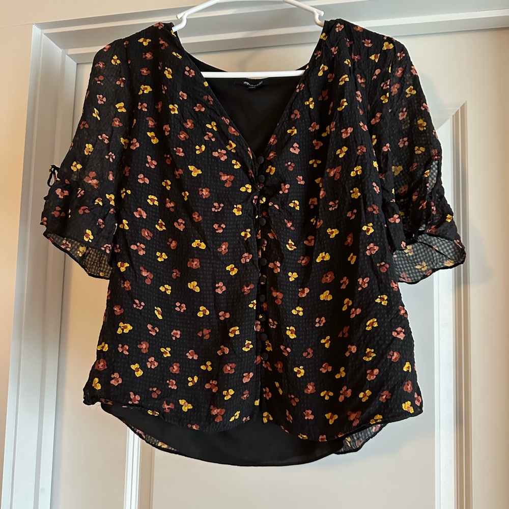Madewell Black Blouse with Red and Yellow Floral Pattern